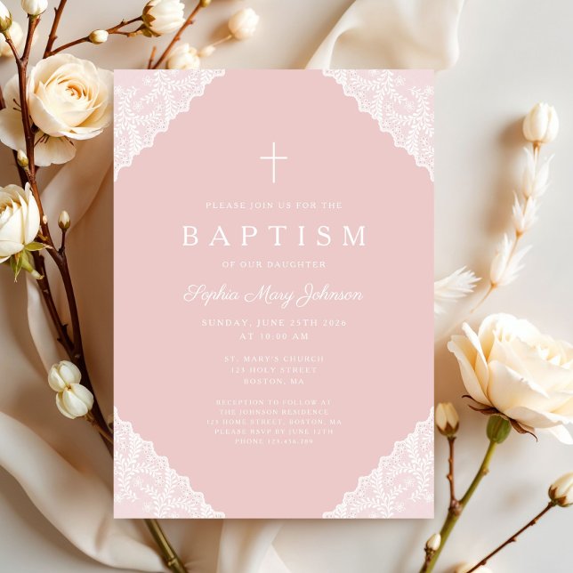 Invitation Baptême élégant bébé fille en dentelle rose (Elegant Lace Pink Baby Girl Baptism Invitation)