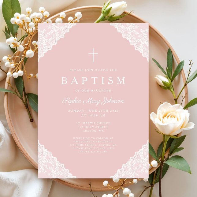Invitation Baptême élégant bébé fille en dentelle rose (Elegant Lace Pink Baby Girl Baptism Invitation)