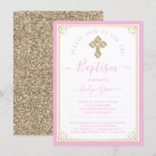 Invitation Baptême élégant bébé fille rose lumière or