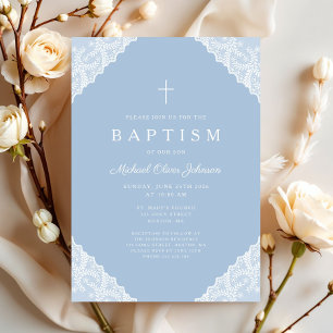 Invitation Baptême élégant bébé garçon bleu en dentelle