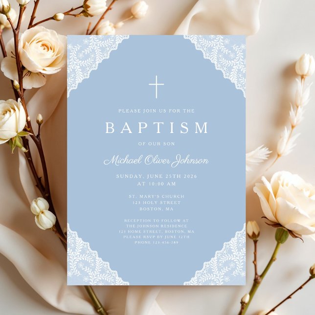Invitation Baptême élégant bébé garçon bleu en dentelle (Elegant Lace Navy Blue Baby Boy Baptism Invitation)