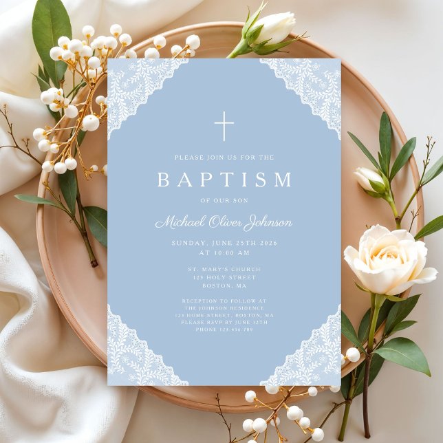 Invitation Baptême élégant bébé garçon bleu en dentelle (Elegant Lace Navy Blue Baby Boy Baptism Invitation)