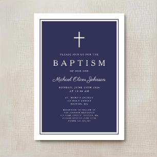 Invitation Baptême élégant bébé garçon croix bleu marine