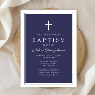 Invitation Baptême élégant bébé garçon croix bleu marine