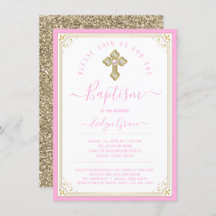 Invitation Baptême Élégant Bébé Pink Light Gold