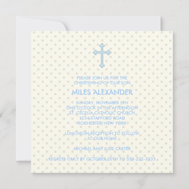 Invitation Baptême élégant beige bleu croix garçons (Devant)