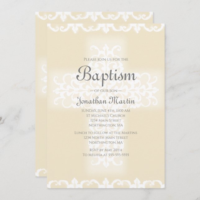 Invitation Baptême Elégant Blanc Beige Damas Croix chrétienne (Devant / Derrière)