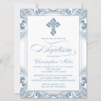 Invitation Baptême élégant bleu argenté