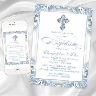 Invitation Baptême élégant bleu argenté