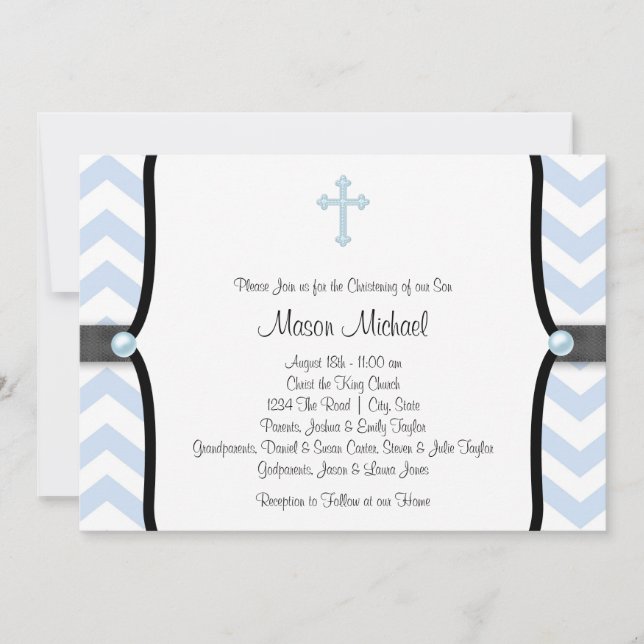 Invitation Baptême élégant bleu chevron (Devant)