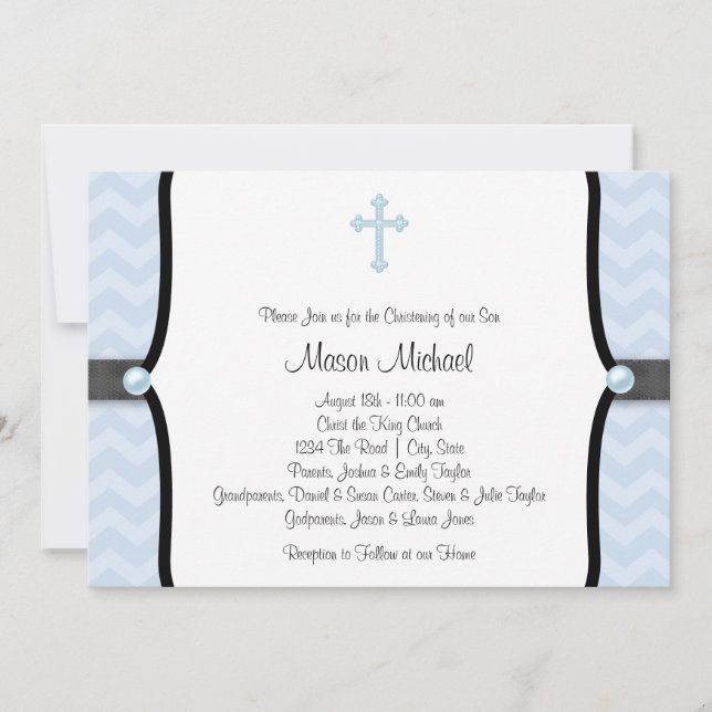 Invitation Baptême élégant bleu chevron (Devant)