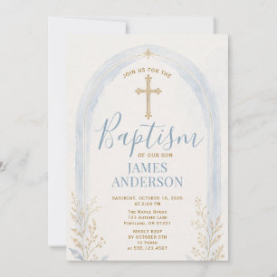 Invitation Baptême élégant bleu or croix florale arche bohème