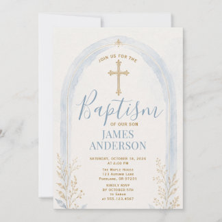 Invitation Baptême élégant bleu or croix florale arche bohème