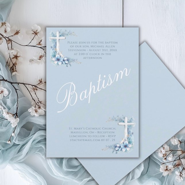 Invitation Baptême élégant bleu pour bébé garçon religieux (Créateur téléchargé)