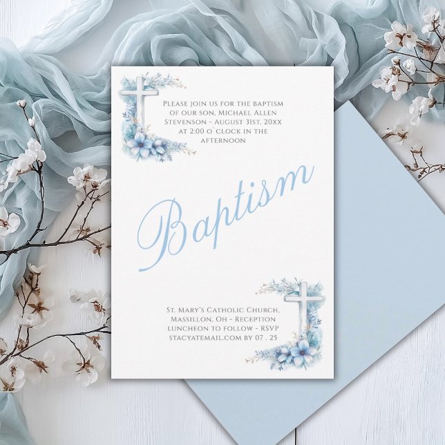 Invitation Baptême élégant bleu pour bébé garçon religieux (Créateur téléchargé)