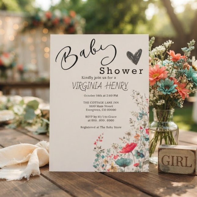 Invitation Baptême élégant Boho de bébé aux fleurs sauvages (Créateur téléchargé)
