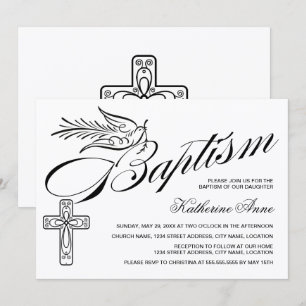Invitation Baptême élégant calligraphié croix et colombe