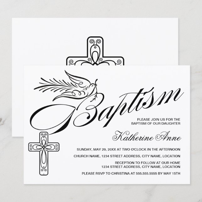 Invitation Baptême élégant calligraphié croix et colombe (Devant / Derrière)