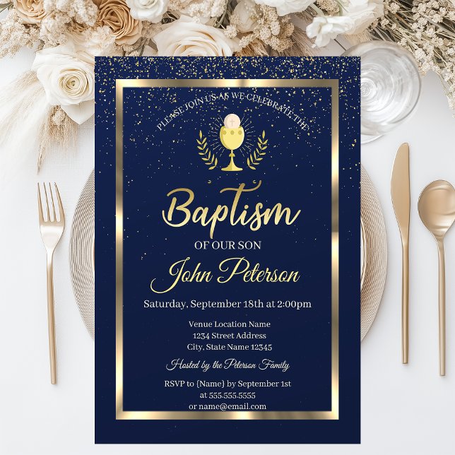 Invitation Baptême élégant confettis bleus (Créateur téléchargé)