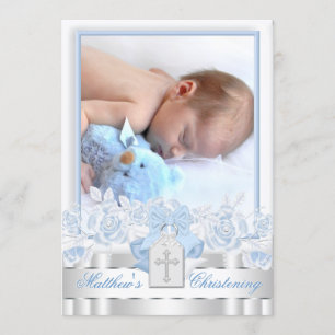 Invitation Baptême élégant croix blanche bébé bleu photo