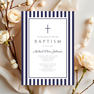 Invitation Baptême élégant Croix Bleu Marine Garçon