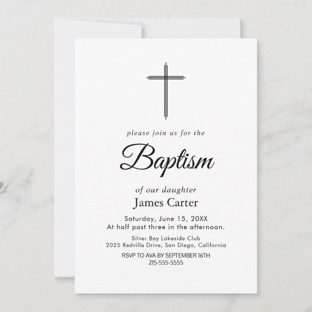 Invitation Baptême élégant croix crème calligraphie noire  (Devant)