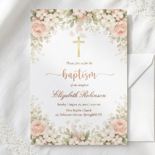 Invitation Baptême élégant croix dorée fleurs rose pâle