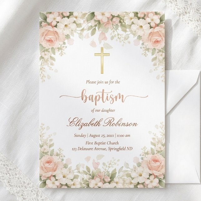 Invitation Baptême élégant croix dorée fleurs rose pâle (Créateur téléchargé)