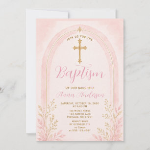 Invitation Baptême élégant croix dorée rose florale arch bohè