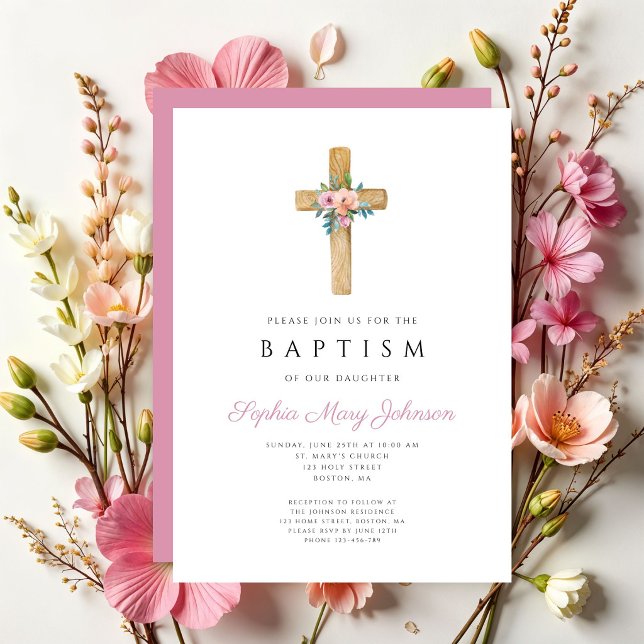 Invitation Baptême élégant croix florale rose (Elegant Pink Floral Cross Baptism Invitation)