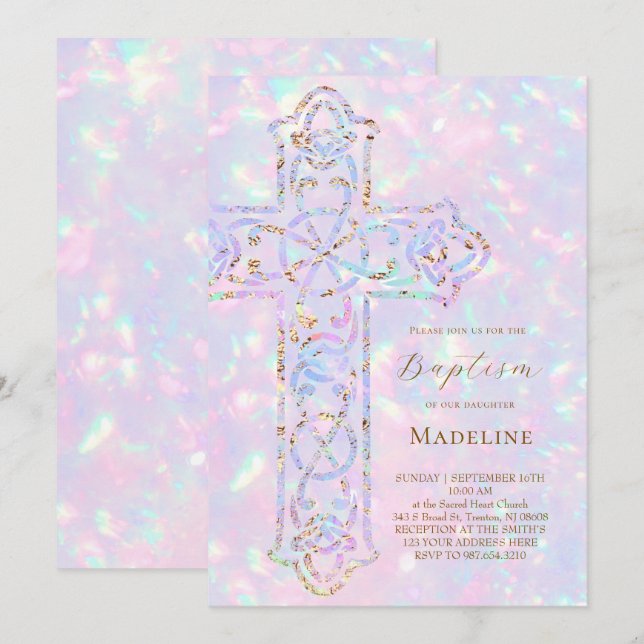Invitation baptême élégant croix opale (Devant / Derrière)
