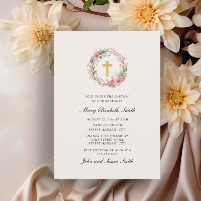 Invitation Baptême élégant Croix Rose Fleurie Bébé Fille  (Elegant floral wreath and cross cream-colored baptism invitation)