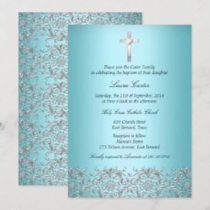 Invitation Baptême élégant Damask & Croix sarcelle