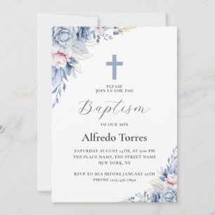 Invitation Baptême élégant de bébé aux fleurs aquarelles bleu