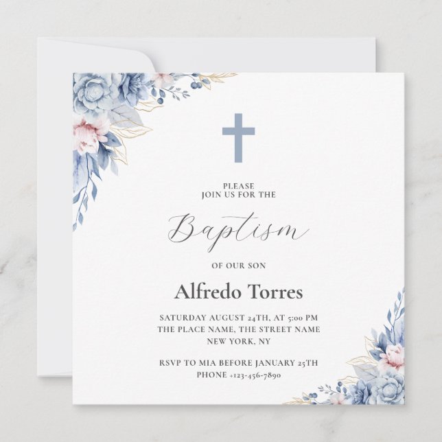Invitation Baptême élégant de bébé aux fleurs bleutées à l'aq (Devant)