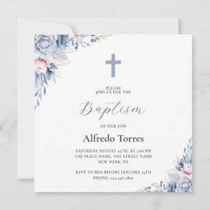 Invitation Baptême élégant de bébé aux fleurs bleutées à l'aq
