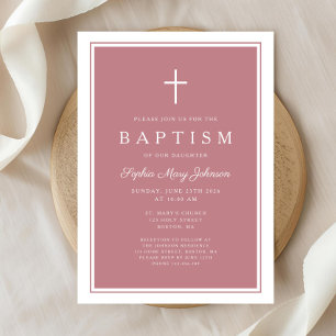 Invitation Baptême élégant de bébé fille à croix rose