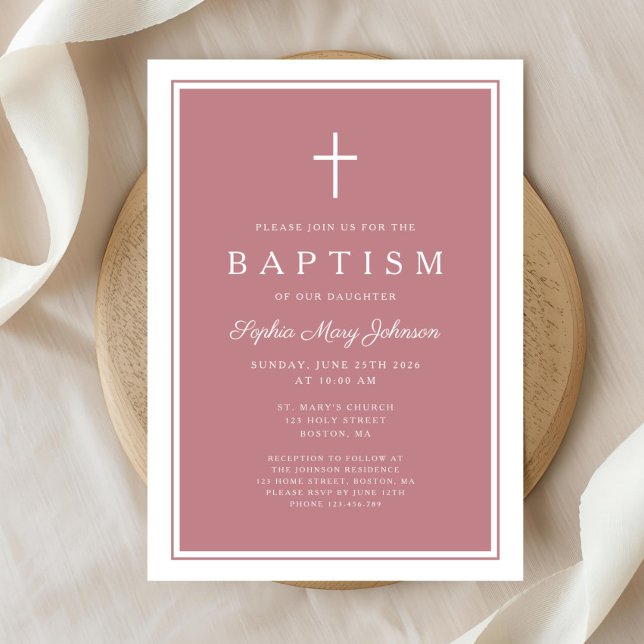 Invitation Baptême élégant de bébé fille à croix rose (Elegant Pink Cross Baby Girl Baptism Invitation)