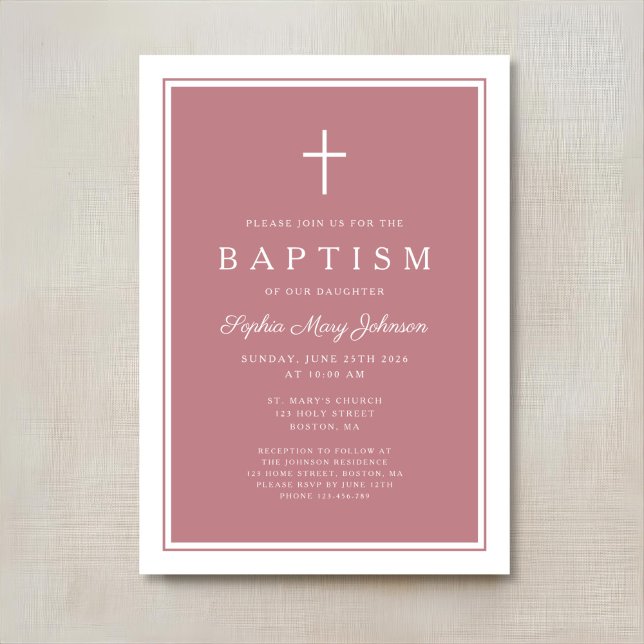 Invitation Baptême élégant de bébé fille à croix rose (Elegant Pink Cross Baby Girl Baptism Invitation)