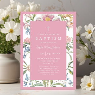 Invitation Baptême élégant de bébé fille aux fleurs roses vin