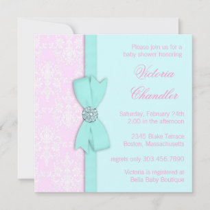 Invitation Baptême élégant de bébé fille bleu sarcelle et ros