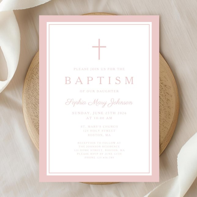 Invitation Baptême élégant de bébé fille croix rose (Elegant Pink Cross Baby Girl Baptism Invitation)