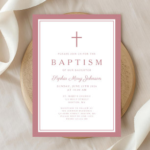 Invitation Baptême élégant de bébé fille croix rose