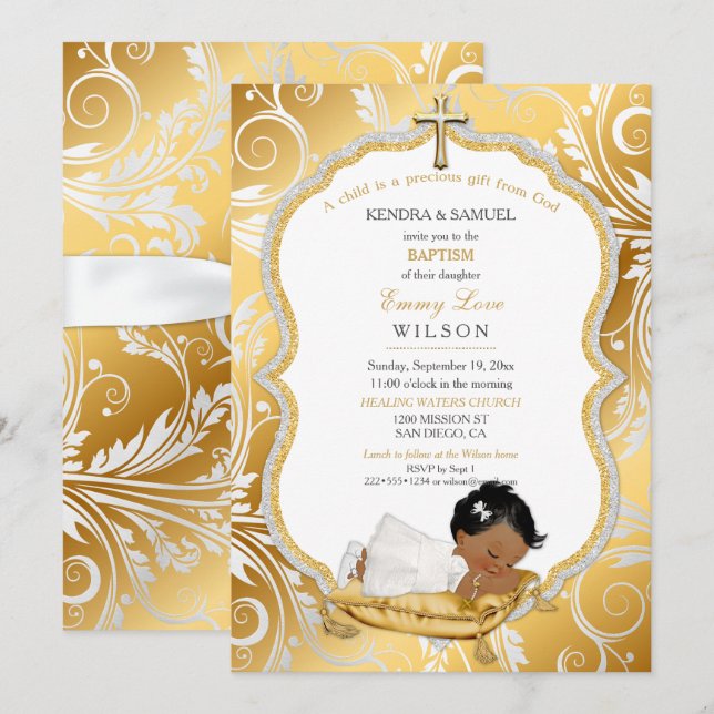 Invitation Baptême élégant de bébé fille de couleur Bapteme c (Devant / Derrière)