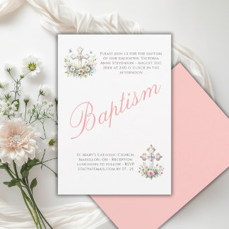 Invitation Baptême élégant de bébé fille religieuse rose