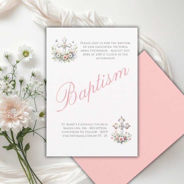 Invitation Baptême élégant de bébé fille religieuse rose (Créateur téléchargé)