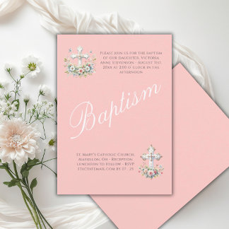 Invitation Baptême élégant de bébé fille religieuse rose