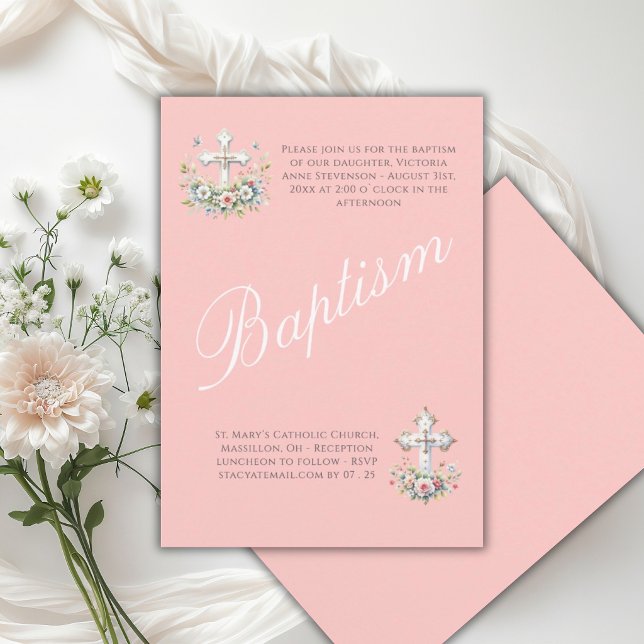 Invitation Baptême élégant de bébé fille religieuse rose (Créateur téléchargé)