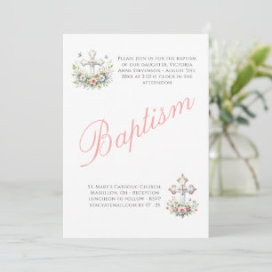 Invitation Baptême élégant de bébé fille religieuse rose