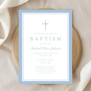 Invitation Baptême élégant de bébé garçon à la croix bleu béb